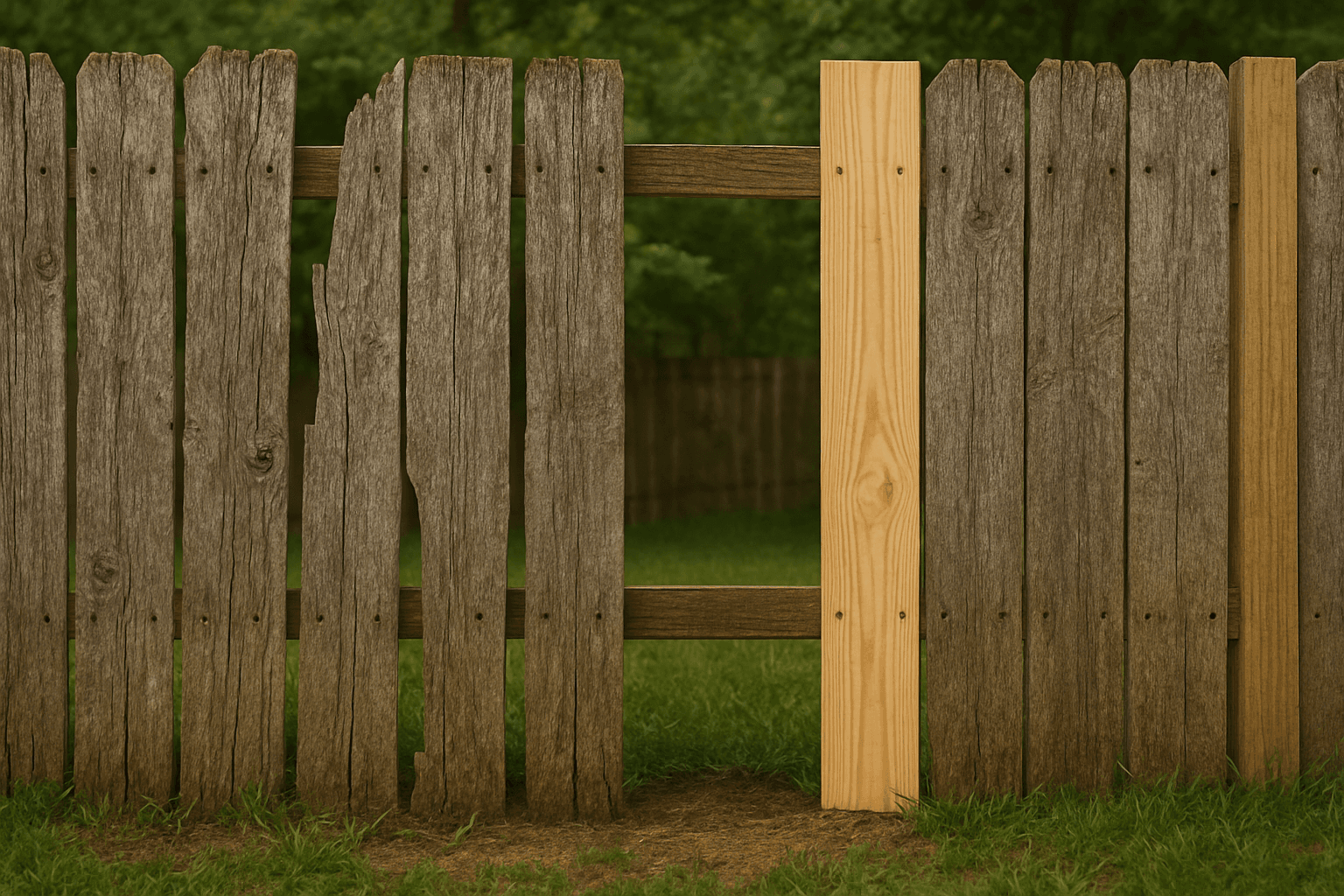 Fence repair with new boards and posts