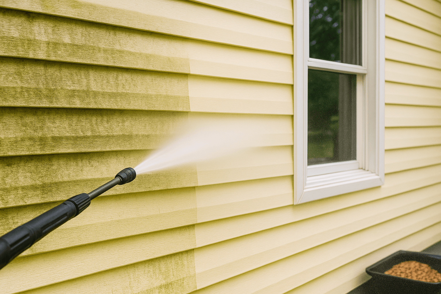 Pressure washing exterior siding and driveway
